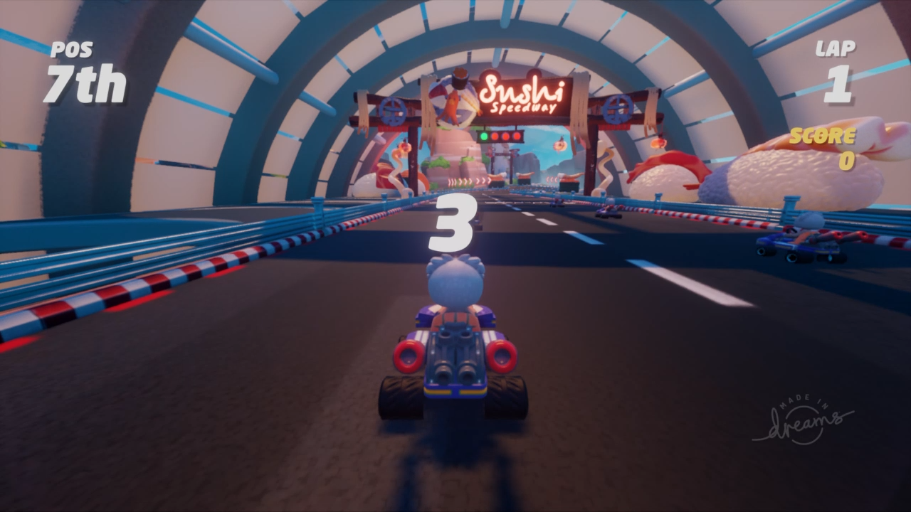 A screenshot from the starting line of the race track `Sushi Speedway`, made in Dreams.